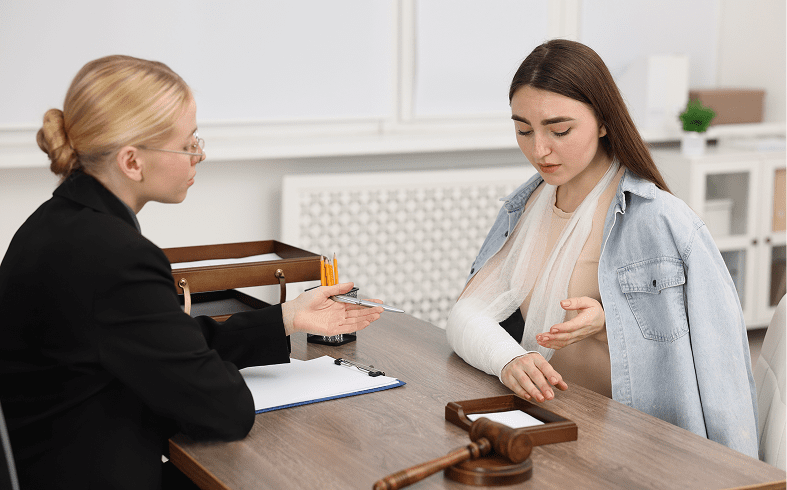 Lawyer advising injured woman with arm sling