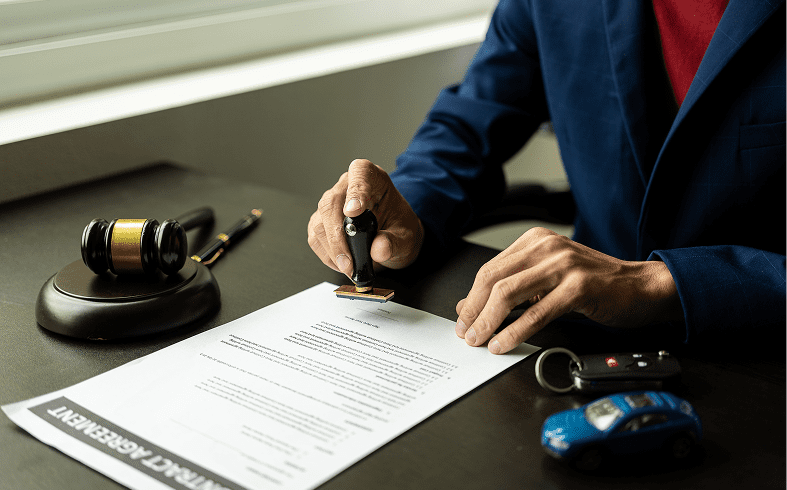 Man stamping contract on office table